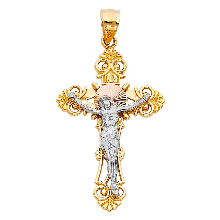 14K Two-tone Gold Religious Budded Crucifix Big (41mm x 25mm)