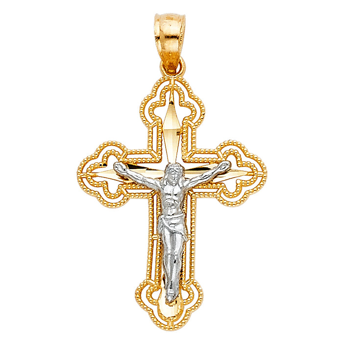 14K Two-tone Gold Small/Mini Religious Budded Cut-Out Crucifix  (36mm x 18mm)