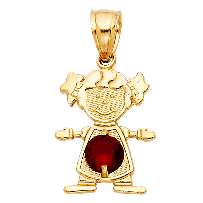 14k Yellow Gold Small/Mini Little Girl with Red CZ Stone for January Birthday (17mm x 12mm)