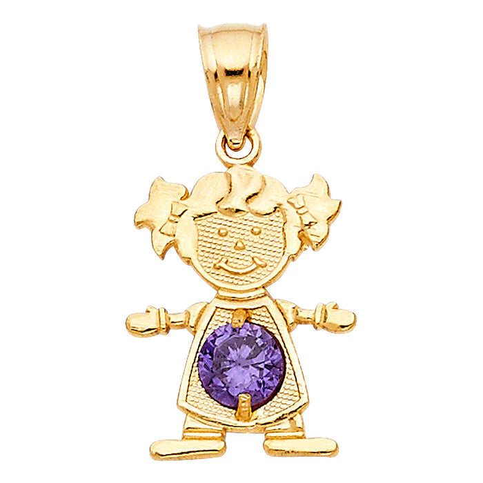 14k Yellow Gold Small/Mini Little Girl with Purple CZ Stone for February Birthday  (17mm x 12mm)