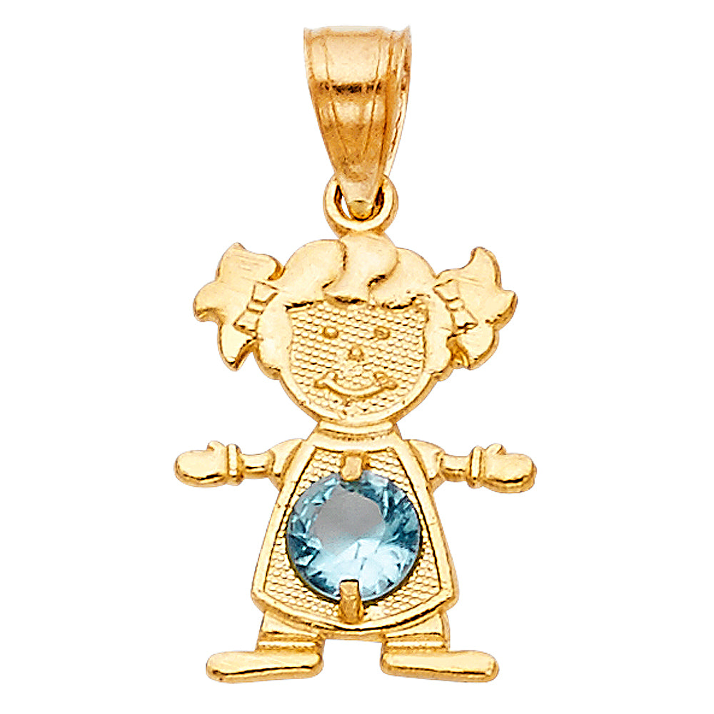 14k Yellow Gold Small/Mini Little Girl with Blue CZ Stone for March Birthday  (17mm x 12mm)
