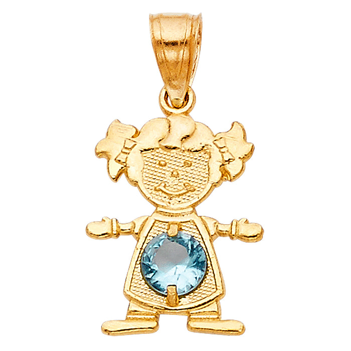 14k Yellow Gold Small/Mini Little Girl with Blue CZ Stone for March Birthday  (17mm x 12mm)