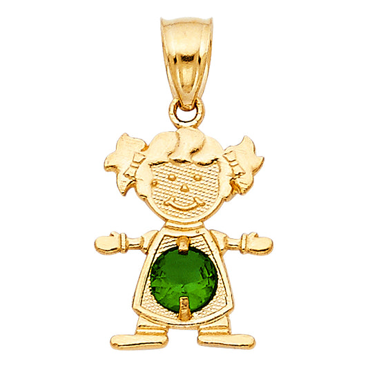 14k Yellow Gold Small/Mini Little Girl with Green CZ Stone for May Birthday (17mm x 12mm)