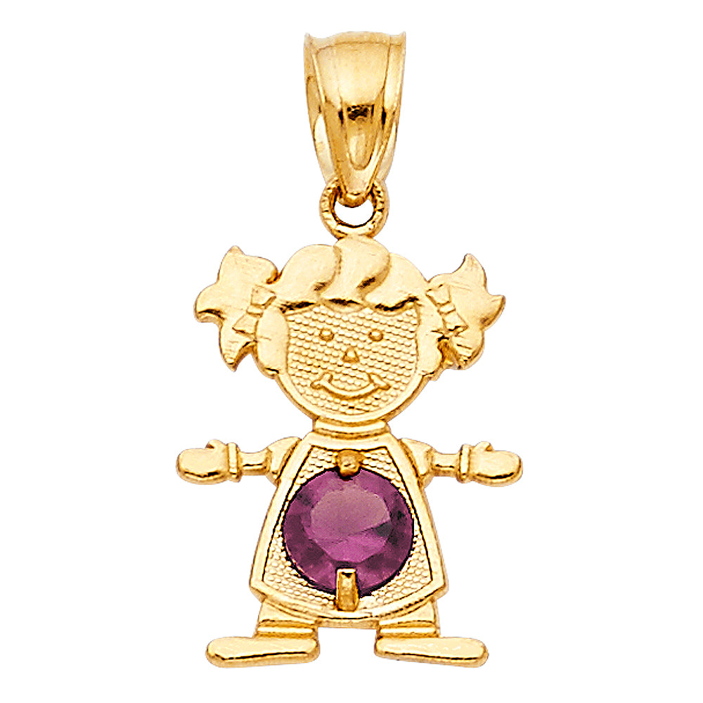 14k Yellow Gold Small/Mini Little Girl with Violet CZ Stone for June Birthday (17mm x 12mm)