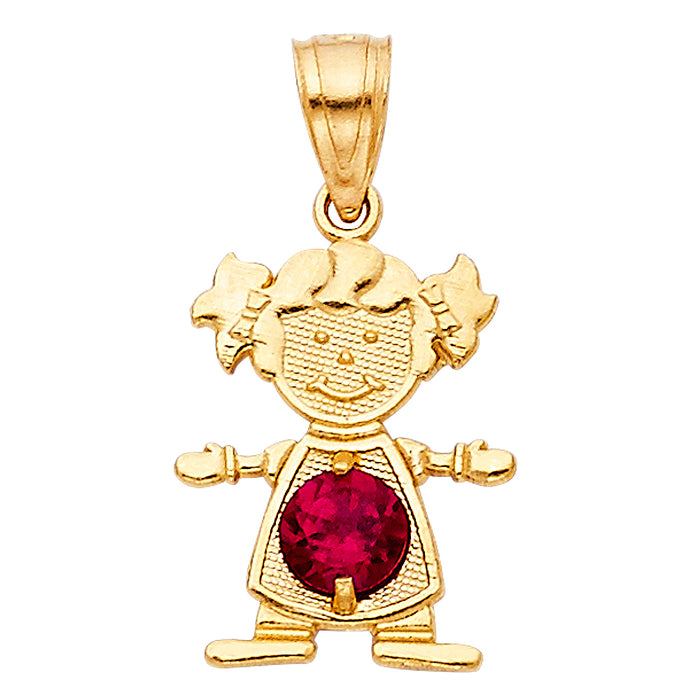 14k Yellow Gold Small/Mini Little Girl with Red CZ Stone for July Birthday  (17mm x 12mm)