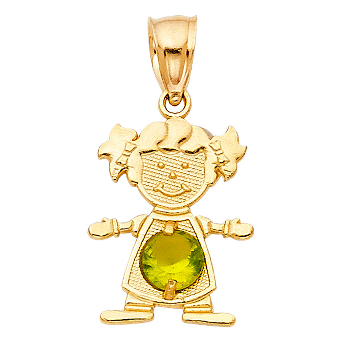 14k Yellow Gold Small/Mini Little Girl with Green CZ Stone for August Birthday  (17mm x 12mm)