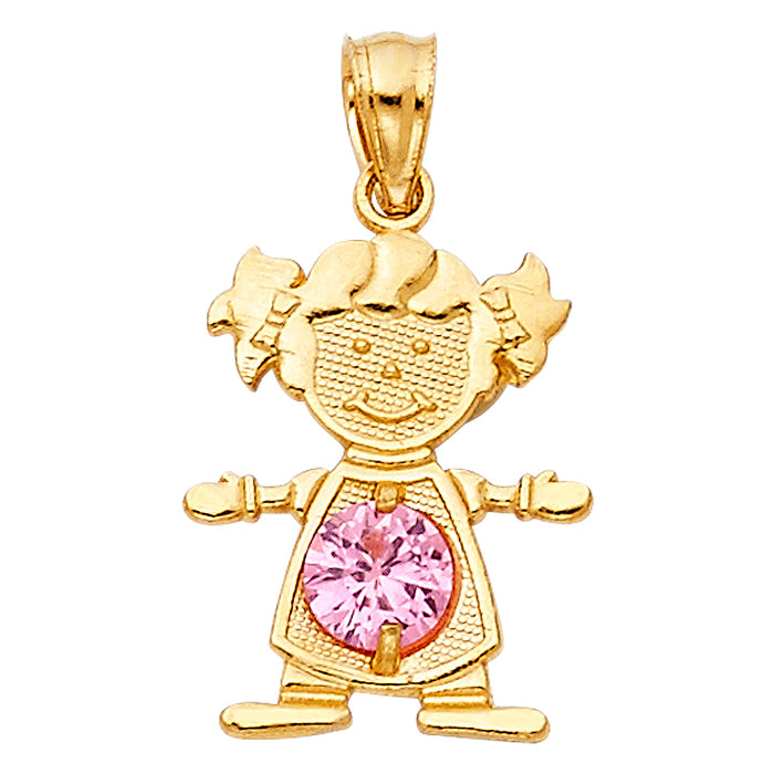 14k Yellow Gold Small/Mini Little Girl with Pink CZ Stone for October Birthday (17mm x 12mm)