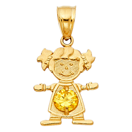 14k Yellow Gold Small/Mini Little Girl with Yellow CZ Stone November Birthday (17mm x 12mm)