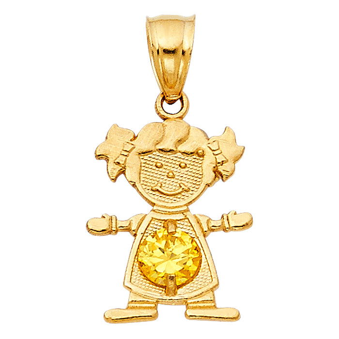 14k Yellow Gold Small/Mini Little Girl with Yellow CZ Stone November Birthday (17mm x 12mm)