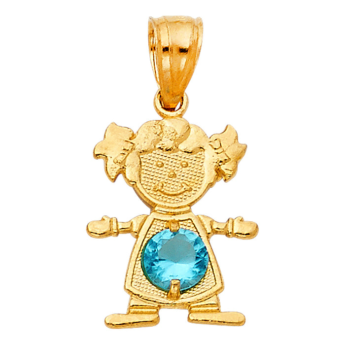 14k Yellow Gold Small/Mini Little Girl with Blue CZ Stone December Birthday (17mm x 12mm)