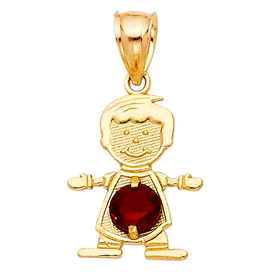 14k Yellow Gold Small/Mini Little Boy with Red CZ Stone for January Birthday (17mm x 12mm)