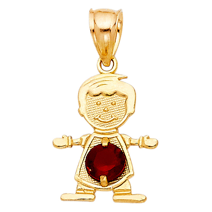 14k Yellow Gold Small/Mini Little Boy with Red CZ Stone for January Birthday (17mm x 12mm)