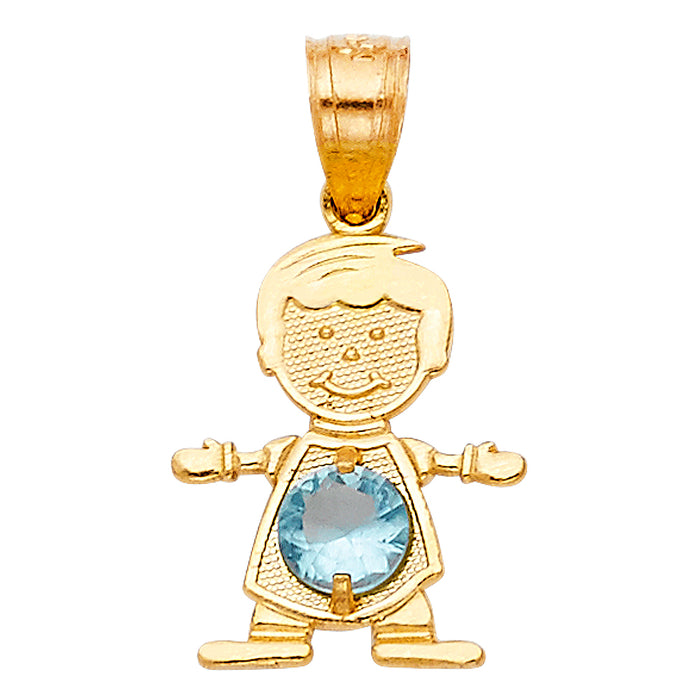 14k Yellow Gold Small/Mini Little Boy with Blue CZ Stone for March Birthday (17mm x 12mm)