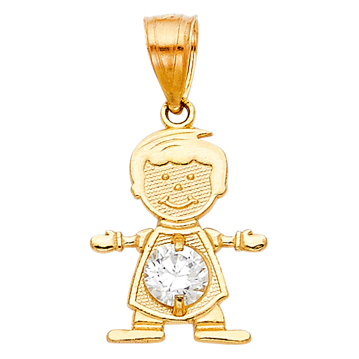 14k Yellow Gold Small/Mini Little Boy with White CZ Stone for April Birthday (17mm x 12mm)