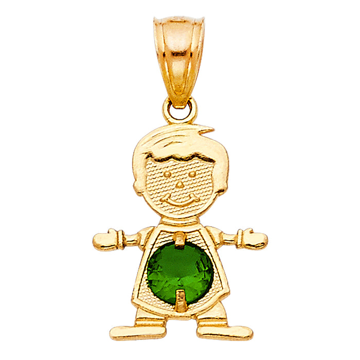 14k Yellow Gold Small/Mini Little Boy with Green CZ Stone for May Birthday  (17mm x 12mm)