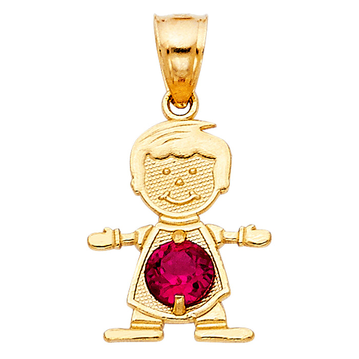 14k Yellow Gold Small/Mini Little Boy with Red CZ Stone for July Birthday (17mm x 12mm)