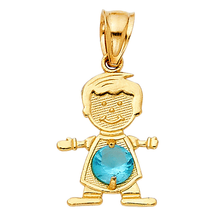 14k Yellow Gold Small/Mini Little Boy with Blue CZ Stone for December Birthday (17mm x 12mm)