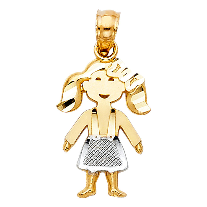 14k Two-tone Gold Little Girl Charm in Pigtails and Bow with White Skirt Charm Pendant, 17mm x 10mm