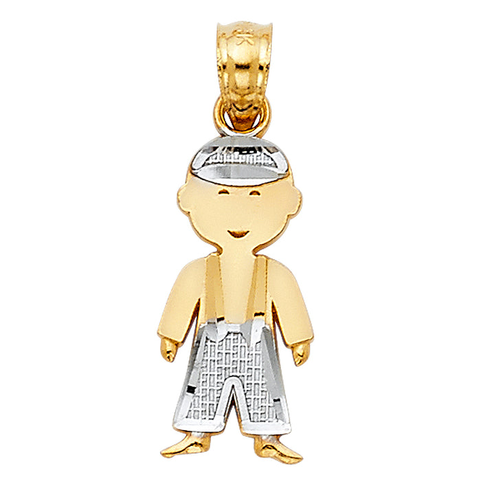 14k Two-tone Gold Little Boy Charm in white Cap and Overall Pants with Suspenders Charm Pendant, 17mm x 10mm