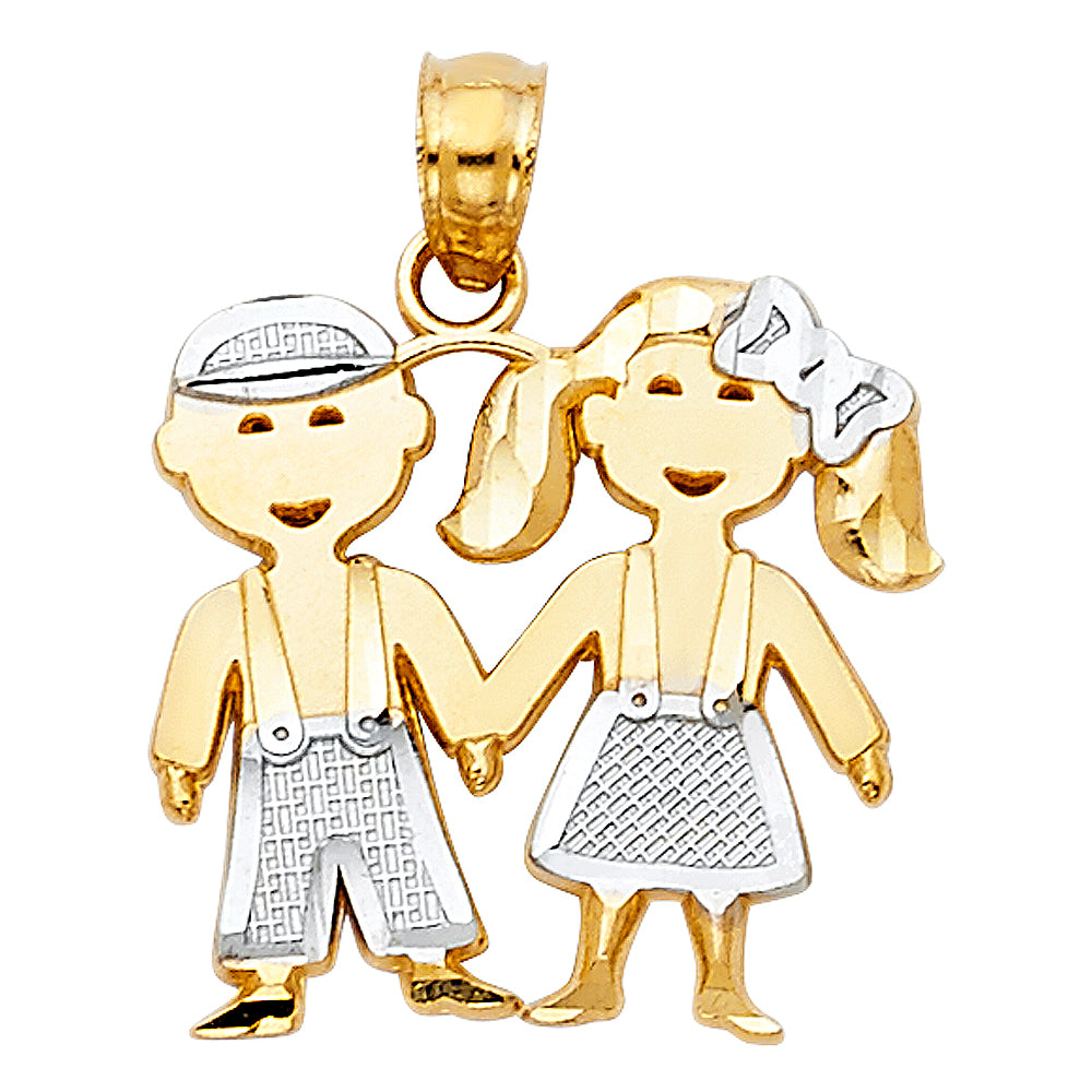 14k Two-tone Gold Little Boy and Girl Holding Hands Charm Pendant, 17mm x 15mm
