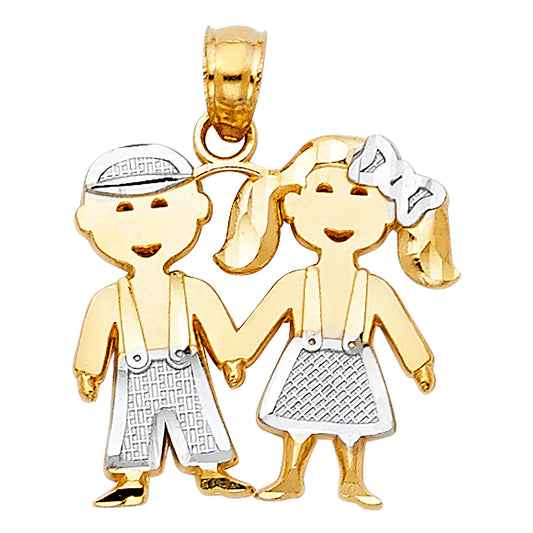 14k Two-tone Gold Little Boy and Girl Holding Hands Charm Pendant, 17mm x 15mm