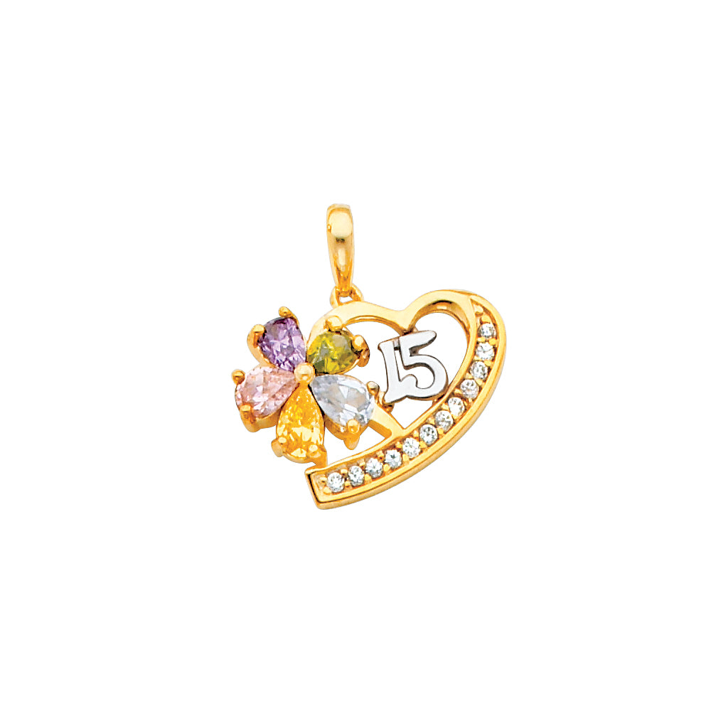 14k Two-tone Gold Mini Heart Charm with Multi-color CZ  Flower Accented, White 15 Years Heart Charm Pendant, 15mm x 18mm