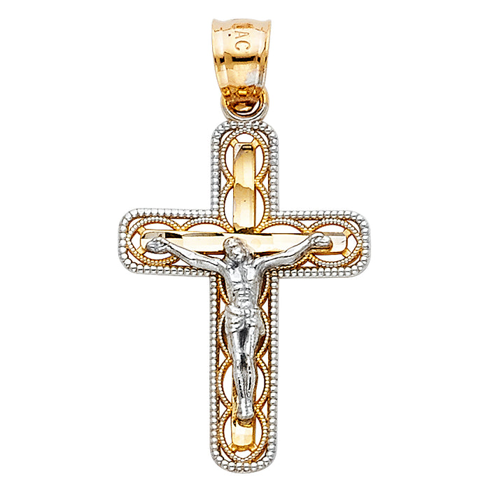 14K Two-tone Gold Religious Cut-Out Design Crucifix Sm (25mm x 16mm)