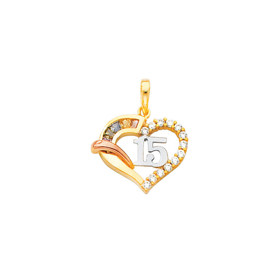 14k Tri-color Gold Mini Heart Charm with Multi-color CZ Accented, White 15 Years Heart Charm Pendant, 15mm x 17mm