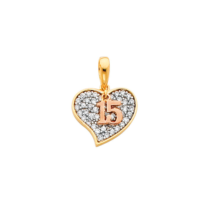 14k Two-tone Gold with White CZ Accented Heart, Rose 15 Charm Pendant, 15mm x 15mm