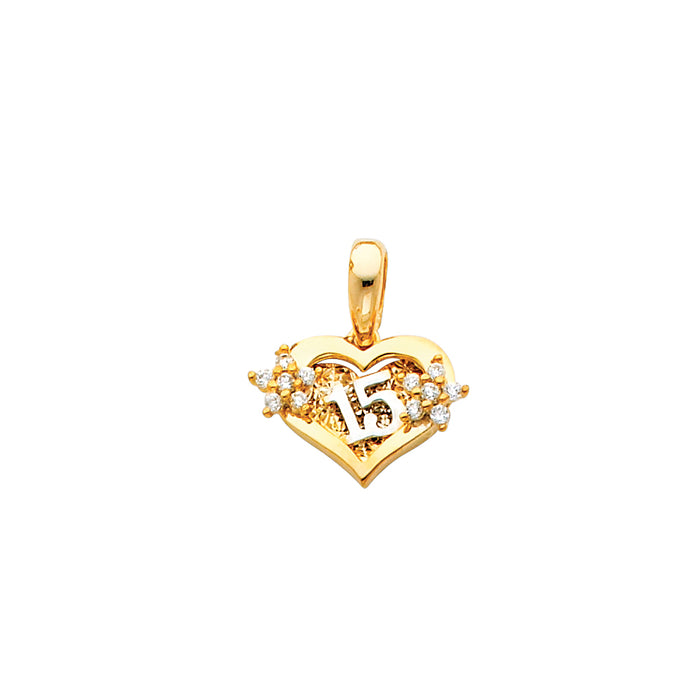 14k Two-tone Gold with White CZ Flower Cluster Accents, White 15 inside Mini Heart Charm Pendant (10mm x 15mm)