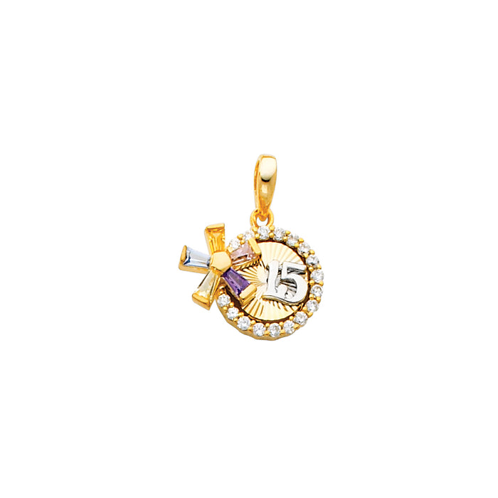 14k two-tone Gold with Multi-color CZ Flower Accented, Round Charm with White 15 Center Charm Pendant, 15mm x 15mm