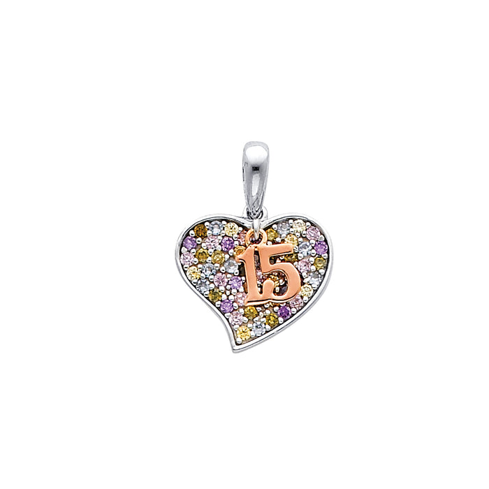 14k White Gold with White CZ Accented 15 Years Birthday or Anniversary Heart Charm Pendant