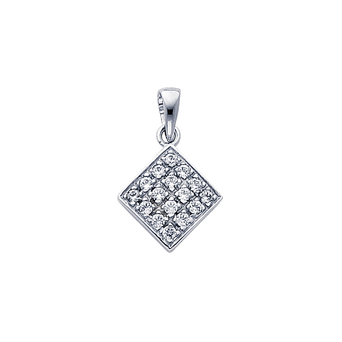 14k White Gold with White CZ Accented Mini Square Charm Pendant, 14mm x 12mm