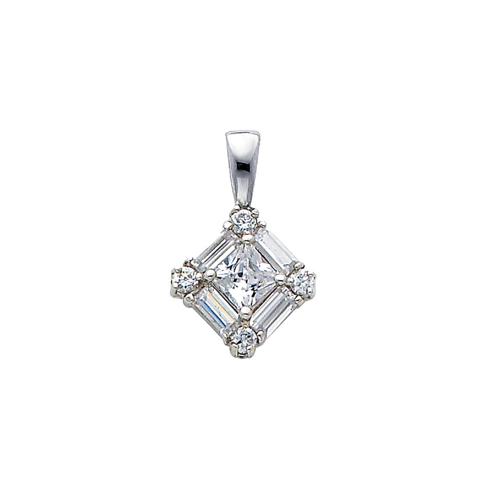 14k White Gold with White CZ Accented Mini Square Charm Pendant, 12mm