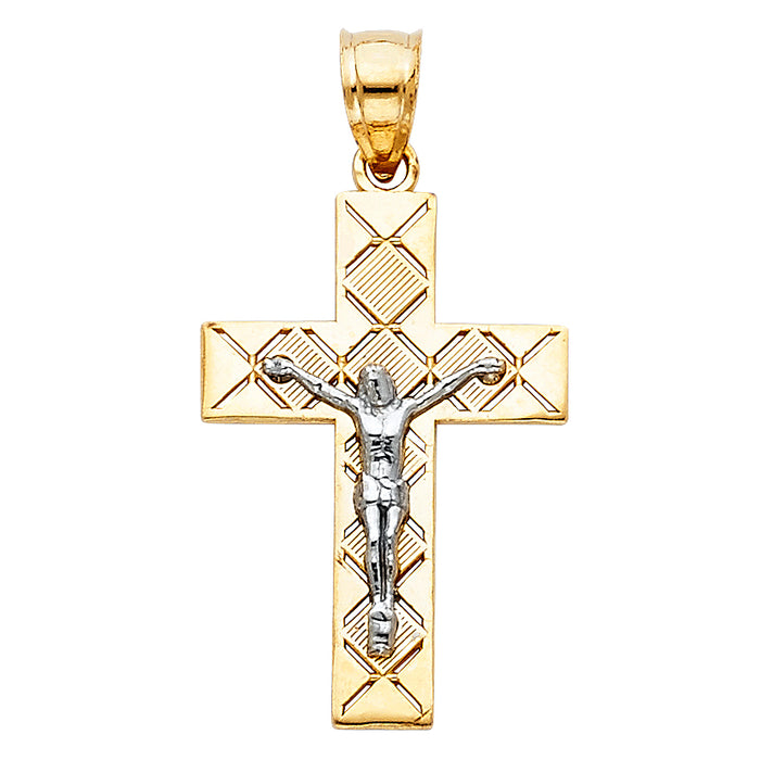 14K Two-tone Gold Religious Cut Out Design Crucifix Pendant (25mm x 16mm)