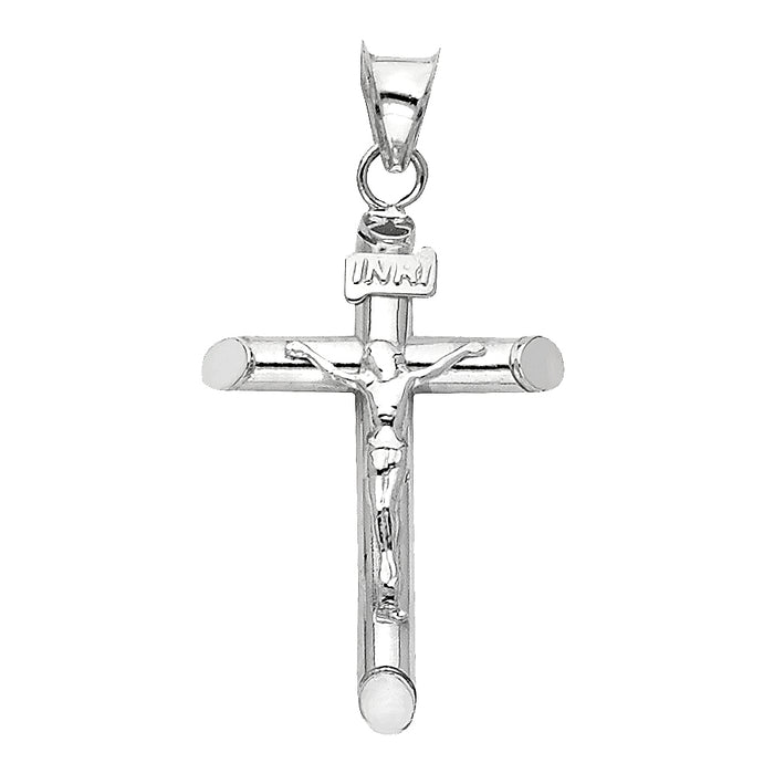 14k White Gold Religious Hollow Round Tubular Crucifix (15 X 35mm)