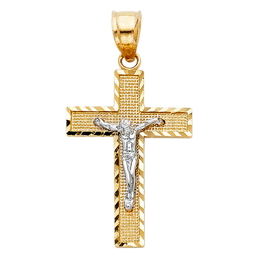 14K Two-tone Gold Religious Side Diamond-cut Crucifix  (26mm x 17mm)