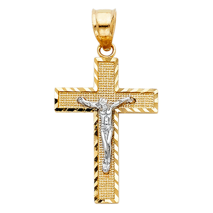 14K Two-tone Gold Religious Side Diamond-cut Crucifix  (26mm x 17mm)