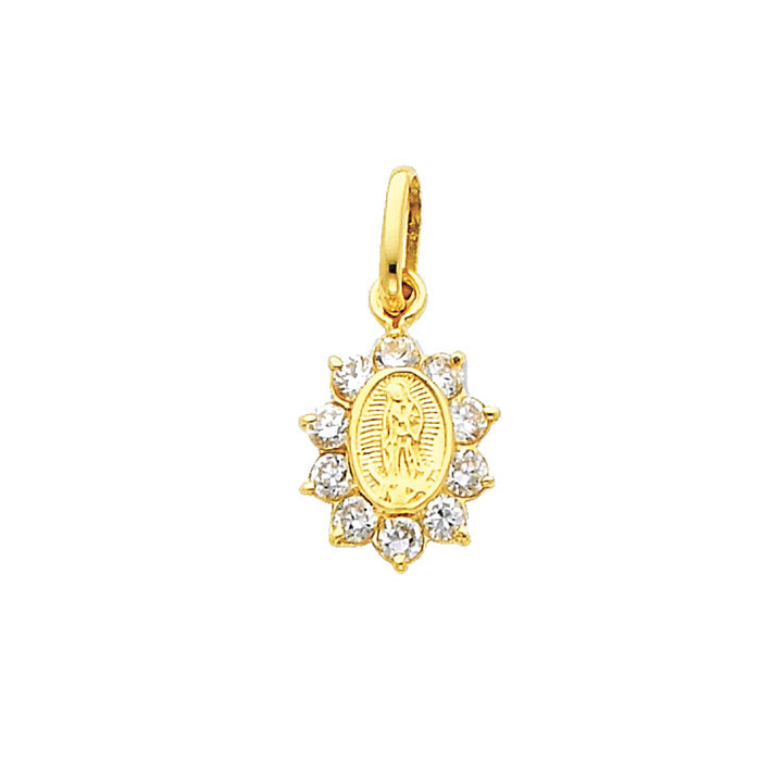 14k Yellow Gold Small/Mini Guadalupe Charm Pendant, Surrounded by White CZ Stones (10mm x 10mm)