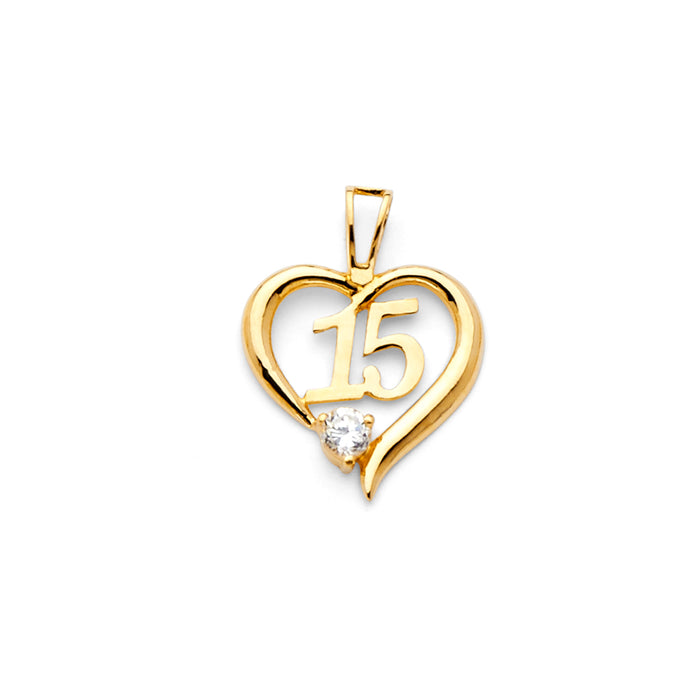 14k Yellow Gold High Polished Heart Charm with Number 15 Center Pendant, Accented with White CZ Stone (15mm x 15mm)