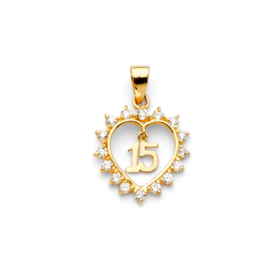 14k Yellow Gold 15 Years Birthday or Anniversary Heart Charm Pendant, White CZ Stone Boarder (15mm x 15mm)