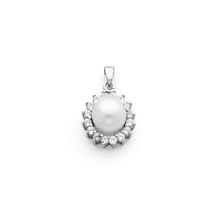 14k White Gold with White CZ Accented Small/Mini Charm with Freshwater Cultured Button Pearl, 8mm