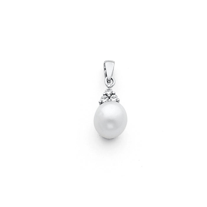 14k White Gold with White CZ Accented Small/Mini Charm with Freshwater Cultured Pearl Drop Pendant, 8mm