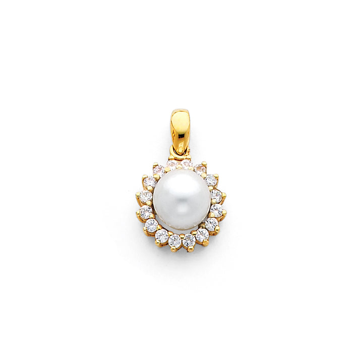 14k Yellow Gold with White CZ Accented Small/Mini Charm with Freshwater Cultured Button Pearl, 8mm