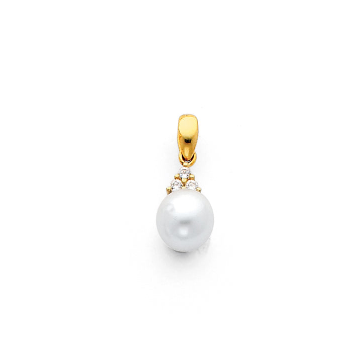 14k Yellow Gold with White CZ Accented Small/Mini Charm with Freshwater Cultured Pearl Drop Pendant, 8mm