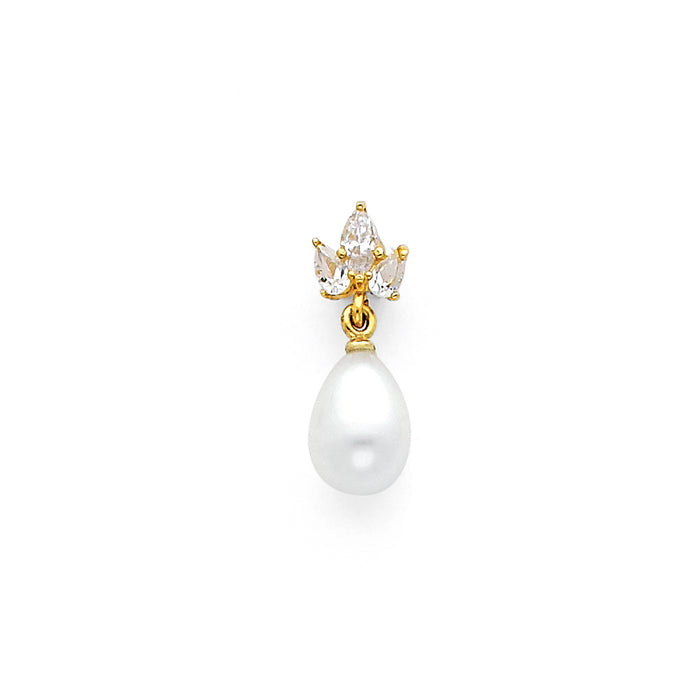 14k Yellow Gold with White CZ Accented Small/Mini Charm with Freshwater Cultured Pearl, Pear Drop Pendant, 7mm