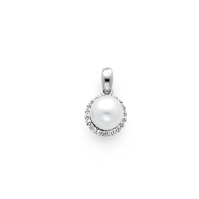 14k White Gold with White CZ Accented Small/Mini Charm with Freshwater Cultured Pearl Pear Drop Pendant, 8mm