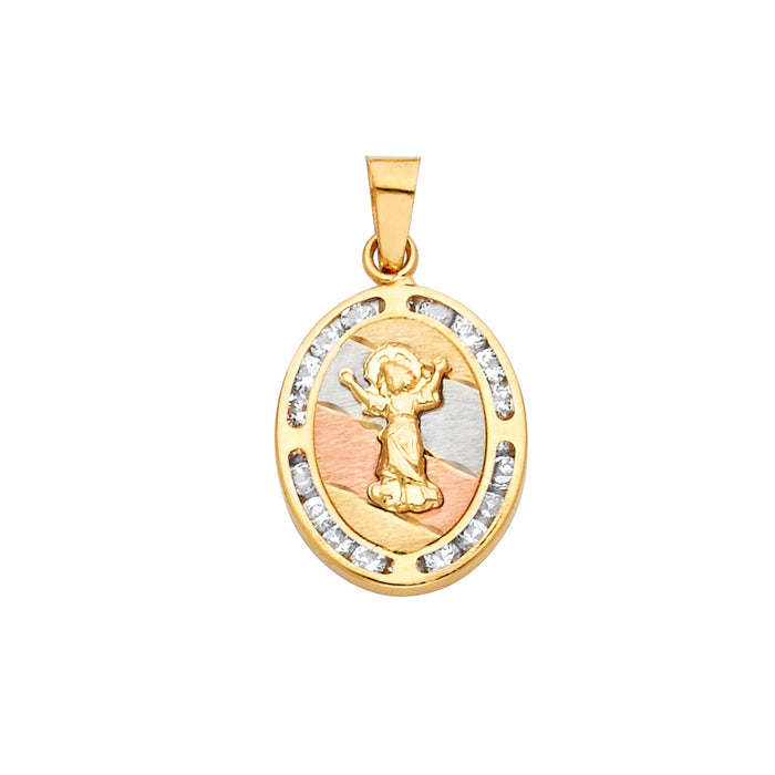 14k Tri-color Gold with White CZ Accented Small/Mini Religious Oval Charm Pendant (17mm x 13mm)