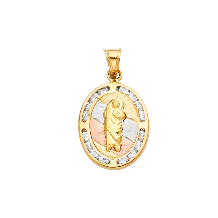 14k Tri-color Gold with White CZ Accented Small/Mini Religious Oval Charm Pendant (17mm x 13mm)