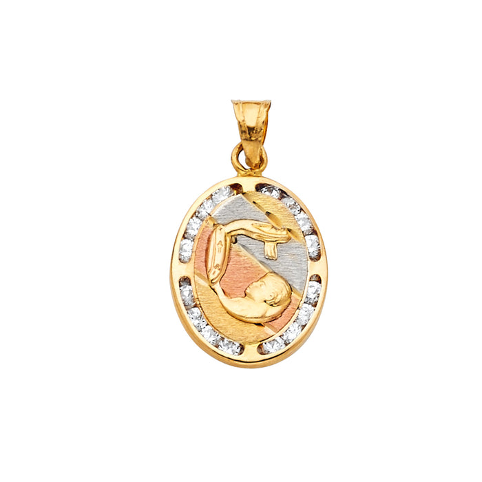 14k Tri-color Gold with White CZ Accented Small/Mini Religious Baptism Oval Charm Pendant (17mm x 13mm)